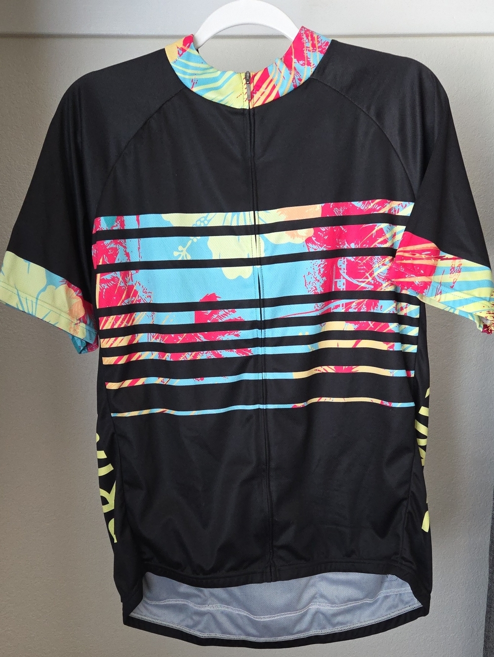 Men's Primal Black Cycling Jersey with Multicolor Tropical Stripe, XL